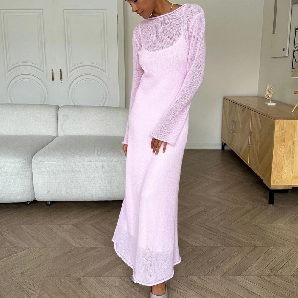 Pink Soft Long Flare Sleeve Knit Maxi Dress - Picture 3 of 6